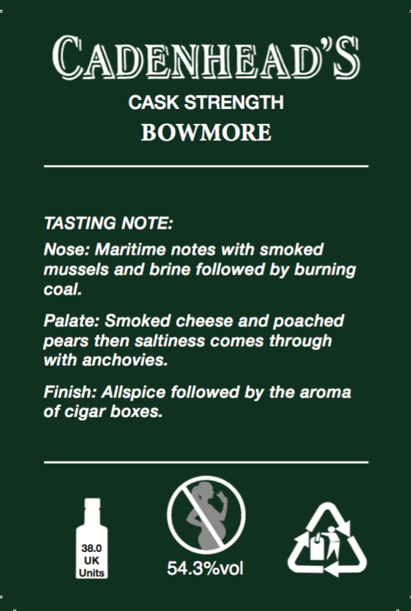 Bowmore 15yo back label