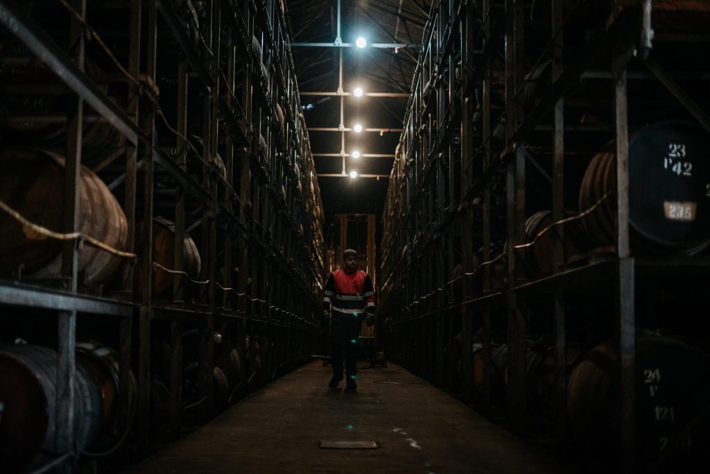 Casks resting in the dunnage warehouse at Cadenhead's