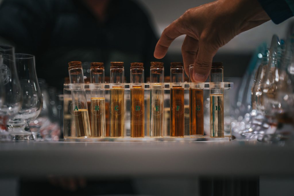 Sample vials lined up in the Cadenhead's blending lab