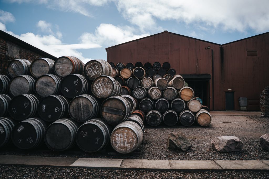Casks stacked in the yard outside the Cadenhead's warehouses in Campbeltown